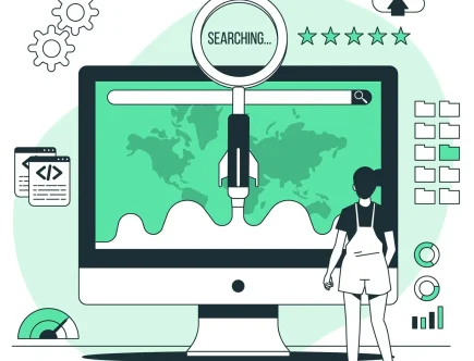 Ilustração mostrando a interface do Search Console com uma mulher analisando as principais métricas, gráficos e ferramentas de SEO.