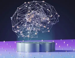Imagem ilustrativa sobre o papel da inteligência artificial e machine learning na manufatura, com uma representação gráfica de conexões neurais em um ambiente tecnológico.