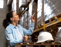 Profissional na indústria 4.0 em Jaraguá do Sul analisando dados tecnológicos em um armazém, representando inovação e automação no setor industrial.
